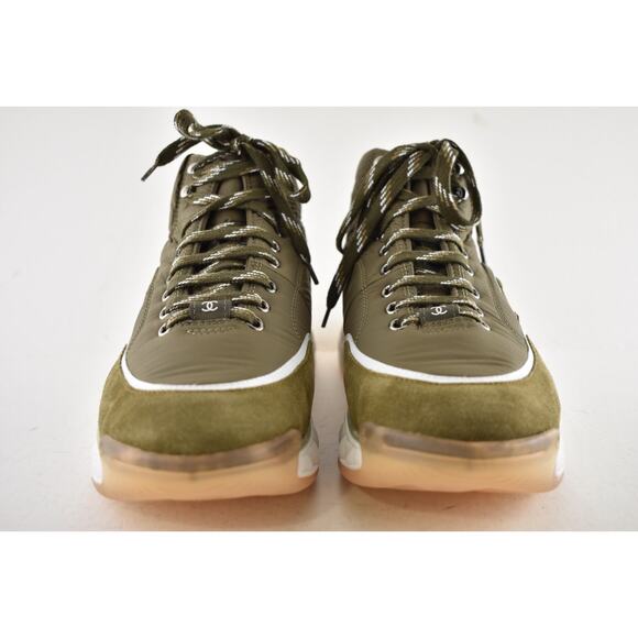 Chanel 19B Green Quilted Platform CC Logo High Top Trainer Sneaker Boot 44 11 - Picture 7 of 12